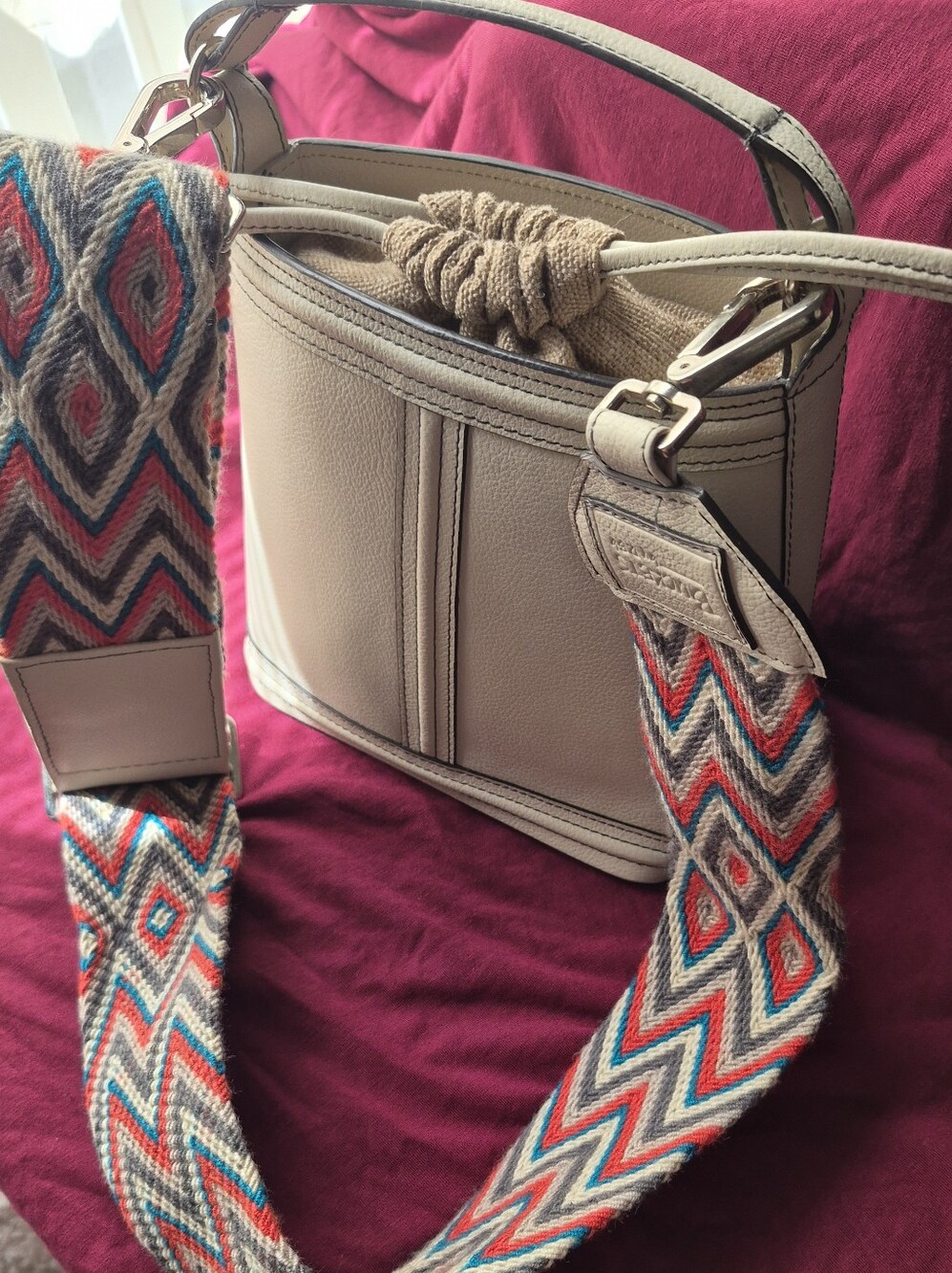 Buckets by D.Bb Vegan Leather Cylinder Bucket Bag Aztec Woven GuitarStrap Cream